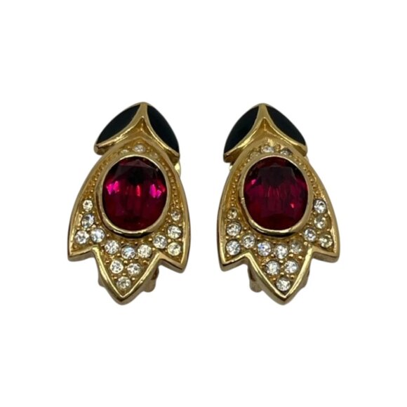 Vintage Christian Dior Henkel & Grosse Tulip Rhinestone Onyx Earrings - Picture 1 of 6